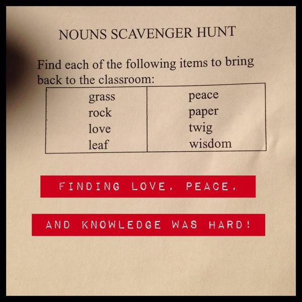 MJHSSprinkle's tweet photo. Learning about concrete vs abstract nouns with scavenger hunts and 6 word bios. #striveforsuccess http://t.co/e8BNwRx8KD
