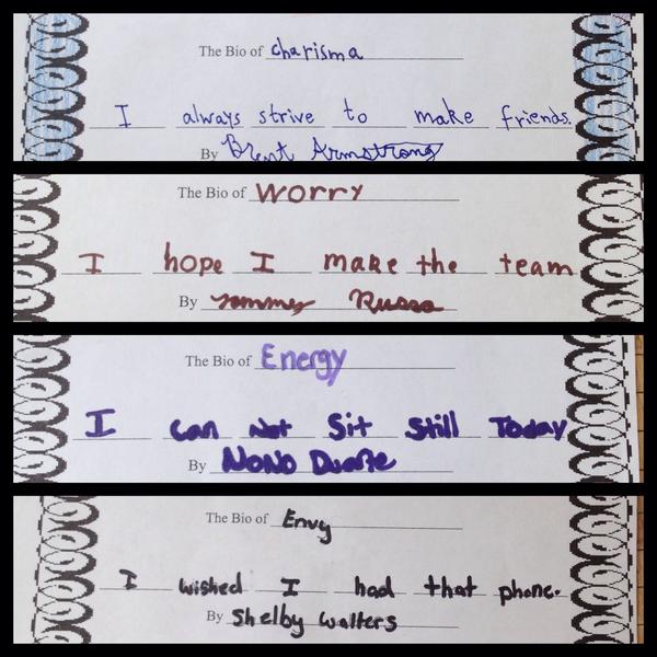 MJHSSprinkle's tweet photo. Learning about concrete vs abstract nouns with scavenger hunts and 6 word bios. #striveforsuccess http://t.co/e8BNwRx8KD