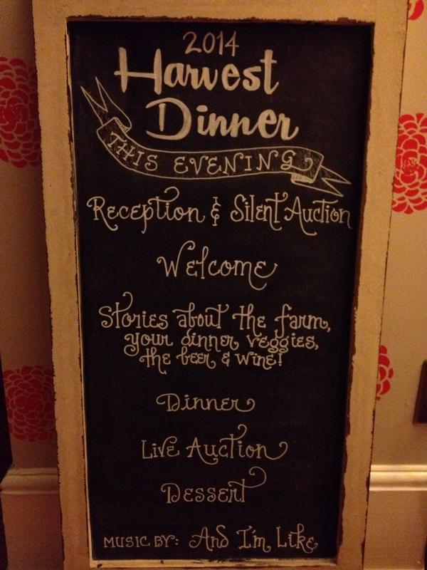 RaleighCityFarm's tweet photo. Check out our awesome #HarvestDinner sign from chalk artist @CalligraphybyCa @apinther @jennalyns @jennoblekelly http://t.co/SPm5V2ygog