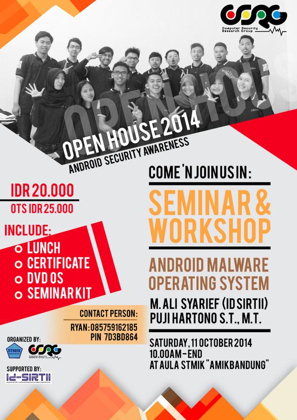 CSRG_AMIKBDG's tweet photo. #InfoSeminar 'Android Security Awareness' HTM: 20.000 (IDR) Ditutup Kamis 9Oct. OTS 25.000 (IDR)  #CSRGOpenHouse2014 http://t.co/FTyjfPnAK7
