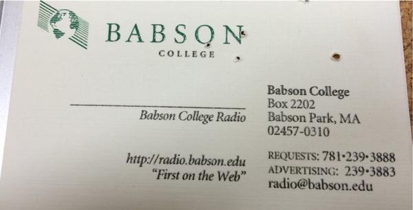BabsonRadio's tweet photo. Found a great piece of BCR memorabilia in the office today! Business card throwback! #OldSchoolFridays #collegeradio http://t.co/PS15MZFe8q
