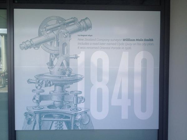 A bit of Wellington history from 1840 - a panel on The Overseas Terminal apartments.