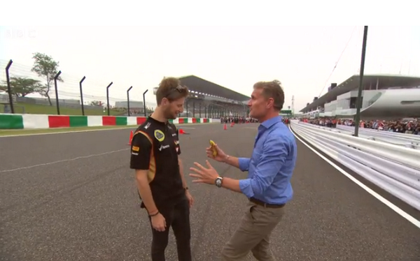 bbcf1's tweet image. VIDEO: David Coulthard attacks Romain Grosjean with a banana. Yes, really. Watch here: bbc.in/1sSTrAC #bbcf1