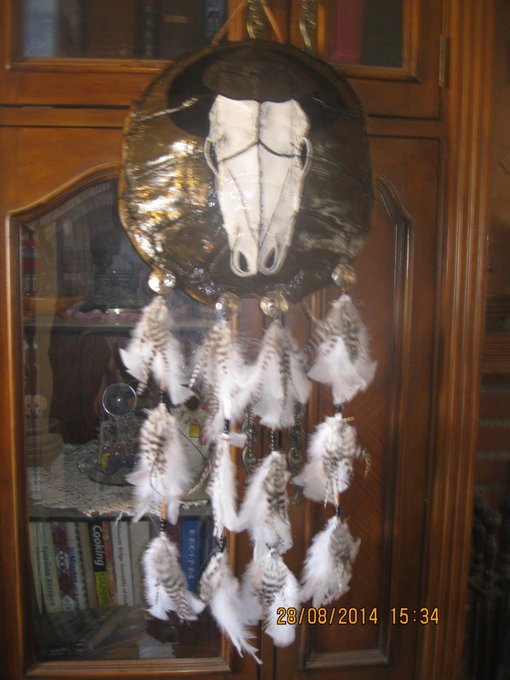 finished working on my turtle shell dream catcher ,just finished painting skull on it http://t.co/8Y