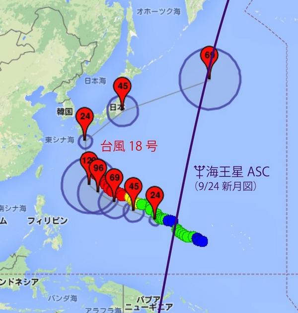 占星術つぶやきメモ ヘリオセントリック 台風18号及び19号は 9 24新月図 の海王星がアセンダント Asc と合となる西太平洋上で発生しています デジタル台風 台風進路予想図サイト Http T Co A1s0jay0mb マップより作図 Http T Co Hqhtjsta4e