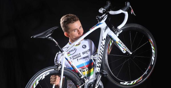 #OPQS rider <a href="/michalkwiatek/">Not Active</a> &amp; his rainbow stripes! World Champion meets with the media: po.st/IvaYQQ