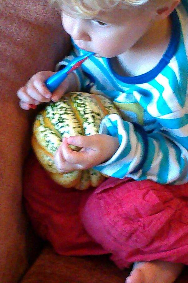 .<a href="/babycasserole/">Thomas</a> cuddled up with his 'pretty thing' we got from the supermarket. It's a squash.