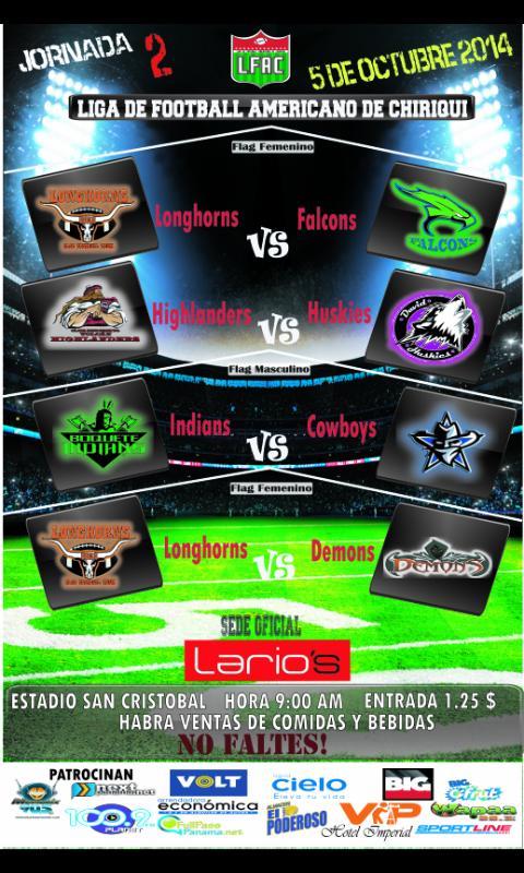 LFAChiriqui's tweet photo. Desde las 9am @nextpanama @LonghornsGirls @mirones15 @TheFieldpty @PANACHILE32 @fullpasspanama @Cowboys507 @DemonsC4 http://t.co/Q5ohGdB1qc