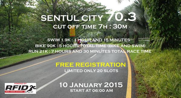SENTUL CITY 70.3. 100% self supported:noWater, noFoods,noAidStation.
NoPrize, noMedal, noTshirtFinisher
No complain.