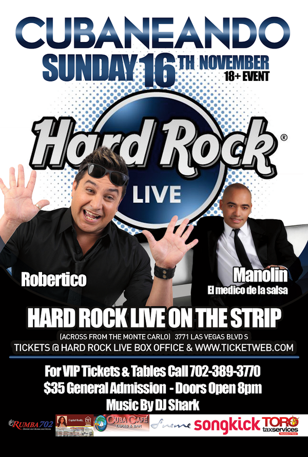 RUMBA702's tweet photo. Cubaneando Domingo 16 de Noviembre @ Hard Rock Cafe Las Vegas Strip, call 702-389-3770 for tickets and more info. http://t.co/c6LKxxBXVm