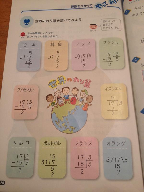 Hiroyuki Takenaga うちの10歳児が日本語補習校で使ってる小学4年生の算数 の教科書 東京書籍 に載ってたのがこれ 世界のわり算 わり算の筆算って国によって違うんですね 初めて知りました Http T Co Ixr4q2xgxr Twitter