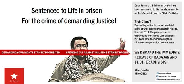 AwamiWorkers's tweet photo. Sentenced to life in prison for the crime of protesting against injustice. #FreeBabaJan #FreeGB12 http://t.co/Szw91NRKMY
