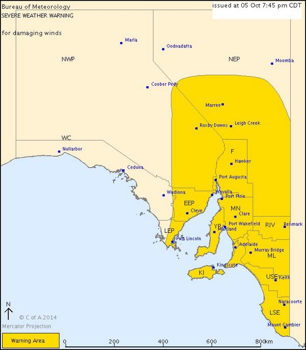 SEVERE WEATHER &amp; DAMAGING WINDS: Monday BoM &amp; <a href="/SA_SES/">SA SES</a> advise winds from 50-110km/h. #StaySafe bom.gov.au/products/IDS65…