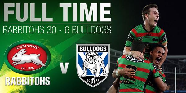 SSFCRABBITOHS's tweet photo. FULL TIME!! Rabbitohs 30, Bulldogs 6! The Rabbitohs claim their 21st Premiership! #GoRabbitohs #NRLGF http://t.co/9MMhTsJgQN
