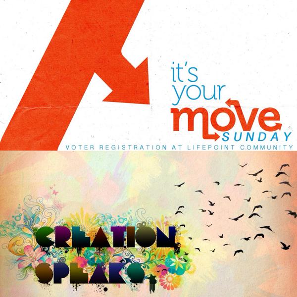 goLifePoint's tweet image. Today at LPC, #ItsYourMove voter registration Sunday! Then at 5, WildLife Kids' service #CreationSpeaks!