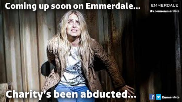 emmerdale's tweet photo. Coming up soon in #Emmerdale...Charity's been KIDNAPPED! But by whom? #MaceyMadness http://t.co/ABcLztdvCr