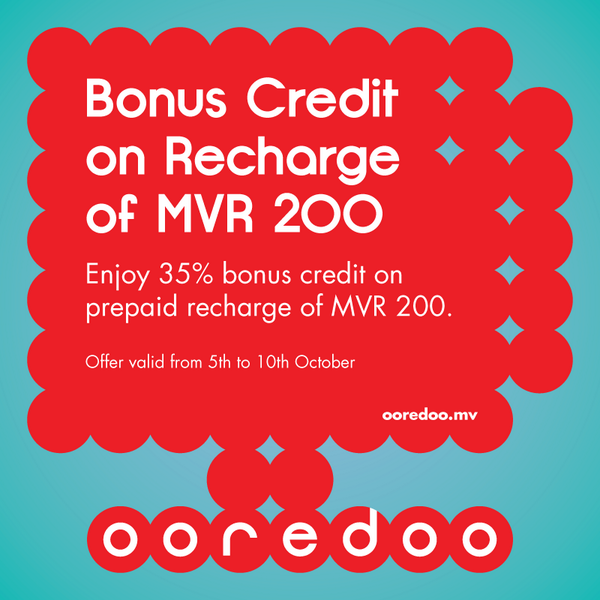 OoredooMaldives's tweet photo. Get 35% #BonusCredit on your #Ooredoo Prepaid or Mix, for every recharge of MVR200. Enjoy even more during this Eid. http://t.co/Uv7Xt8CQIH