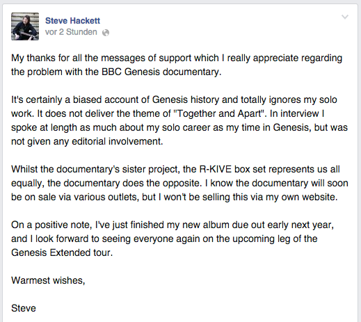 Mmm parece que Mr. hackett no está muy contento con el nuevo documental de GENESIS!! <a href="/HackettOfficial/">Steve Hackett</a>