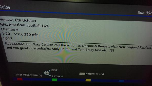 jbrown1308's tweet photo. @Dameshek According to my (UK) TV preview for @Bengals at @Patriots, Andy Dalton is a 'great quarterback' http://t.co/423yabrmBH