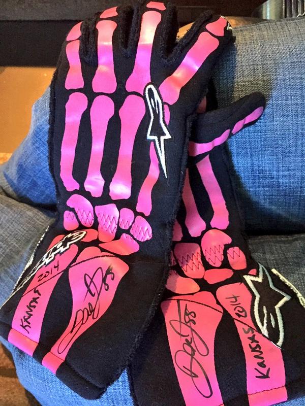 DaleJr's tweet photo. Here's the Kansas gloves. Follow @tdjf to see when they will be posted @eBay. #BreastCancerAwarenessMonth http://t.co/SbEBSziAKA