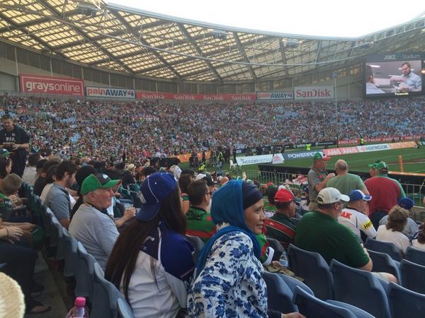 At the NRL Grand Final I sat behind this woman in a blue and white head scarf. It was comforting, not confronting.