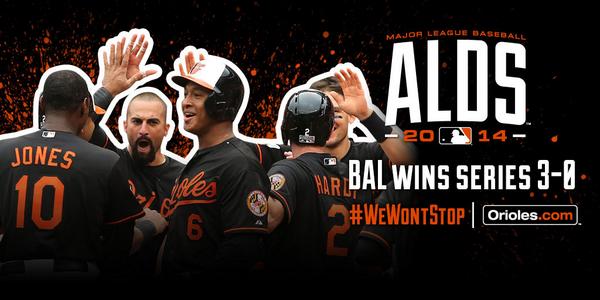 Orioles's tweet photo. SWEEP COMPLETE! #Orioles beat the Tigers 2-1 and are moving on to the #ALCS! #WeWontStop http://t.co/Aos4gARfEq