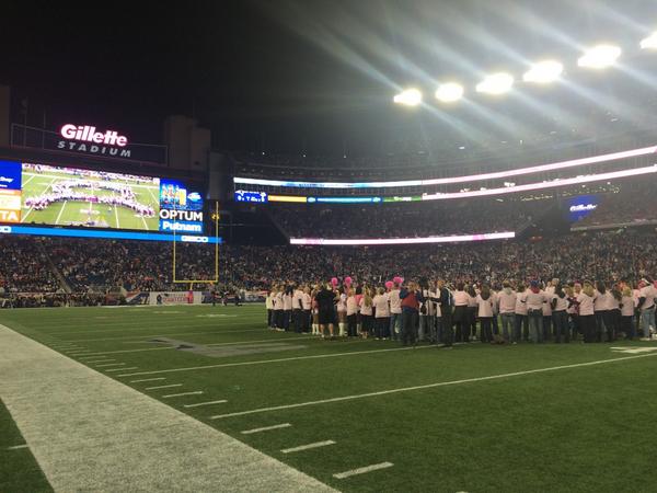Patriots's tweet photo. Over 150 breast cancer survivors &amp; their caregivers are forming a pink #BCA ribbon on the @GilletteStadium field: http://t.co/rexL9SwsB9