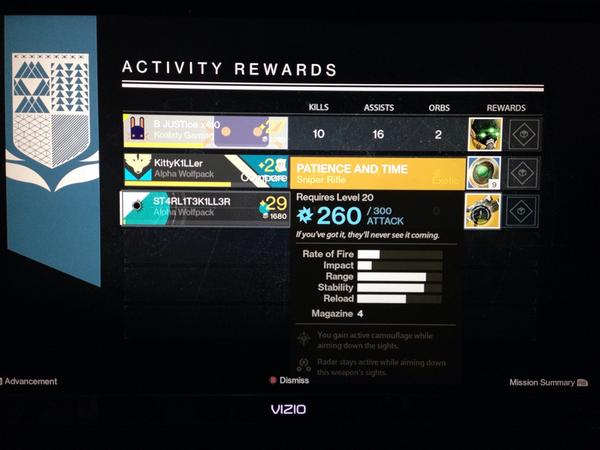 EvanTheHobo's tweet image. Finally got an exotic from the weekly nightfall strike. The name couldn't be more fitting. @Bungie #PatienceAndTime
