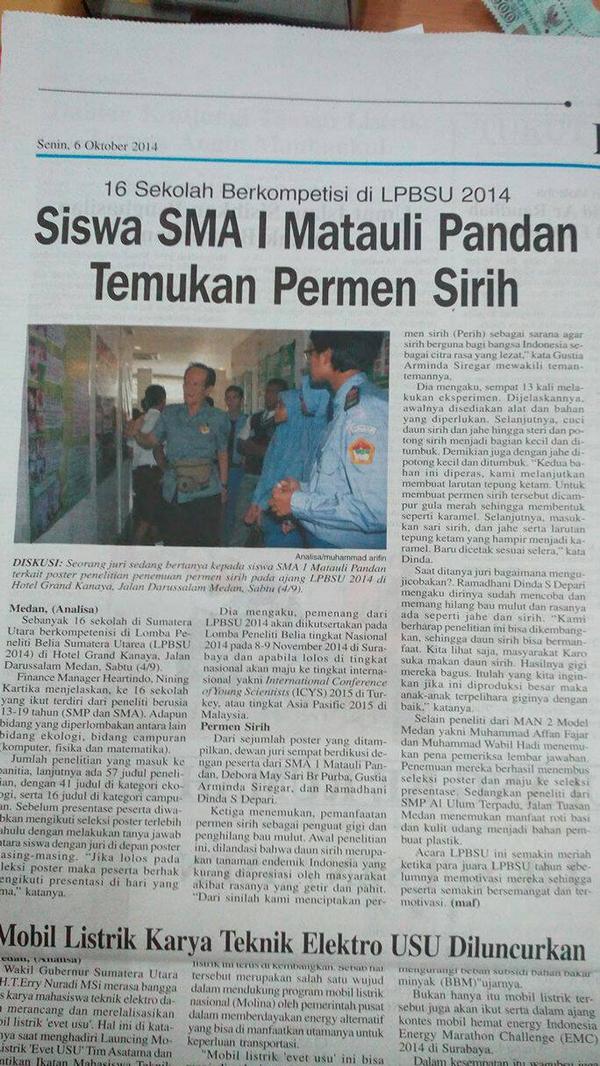hellogulo's tweet photo. ada kabar gembira dari SMA Matauli!! Kini, ekstrak sirih ada di dalam permen! Semoga maju ke ICYS 2015 Turkey. Amin.. http://t.co/DhfjRFFRi0