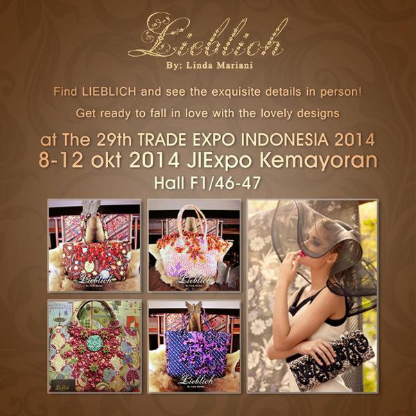 LieblichBags's tweet photo. Find #LIEBLICH at The 29th TRADE EXPO INDONESIA 2014, 8-12 okt 2014, #JIExpo Kemayoran.
#bag #batik #tasbatik http://t.co/QAZpvp6Lba