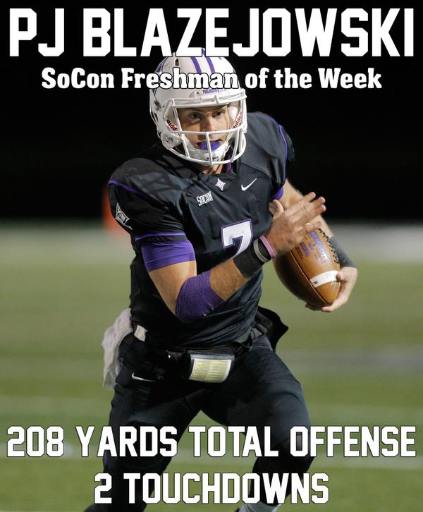 PaladinFootball's tweet photo. #Furman QB P.J. Blazejowski named SoCon Freshman of the Week! #14in14 http://t.co/R4cZWuXWC8 http://t.co/ZBe0fg5Gwg