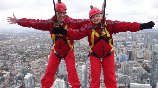 breakfasttv's tweet photo. PHOTOS &amp; VIDEO of @KevinFrankish &amp; mom on the @TourCNTower #EdgeWalk for her 85th birthday! http://t.co/ImLN6DJ7F1 http://t.co/sAGEdZlb96
