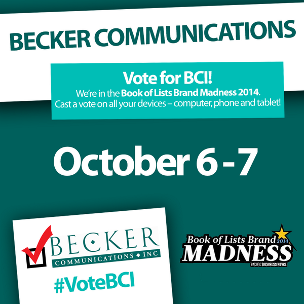 HawaiiPR's tweet photo. Help us advance to the next round of @pacificbiznews' Book of Brands Madness 2014 and #VoteBCI http://t.co/e9ZXxha5og http://t.co/7SCn77j8n1