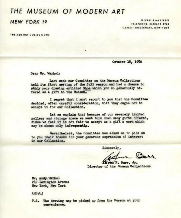 Aquí la carta de rechazo que le envió el <a href="/MuseumModernArt/">MoMA The Museum of Modern Art</a> a Warhol.
#cualeselvalordelarte | oficinadeintercambio.org
