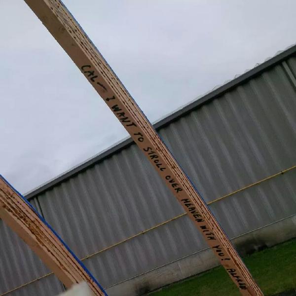 CalsCage's tweet image. Came to start setting up rafters this morning and noticed this message from Cal's boss of 15 months at Rona