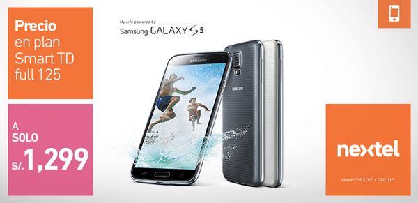 NextelPeru's tweet photo. ¡Tecnología a tu alcance! Llévate el Samsung Galaxy S5 a solo S/.1299. Solo en Nextel. http://t.co/RS1Csf73D8