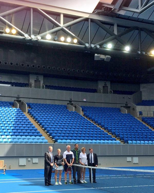 AustralianOpen's tweet photo. Margaret Court tests out Arena named in her honour with @NickKyrgios @stormsanders94 &amp; @DDrumMP #aolaunch #getcloser http://t.co/q5q0ffsnXX