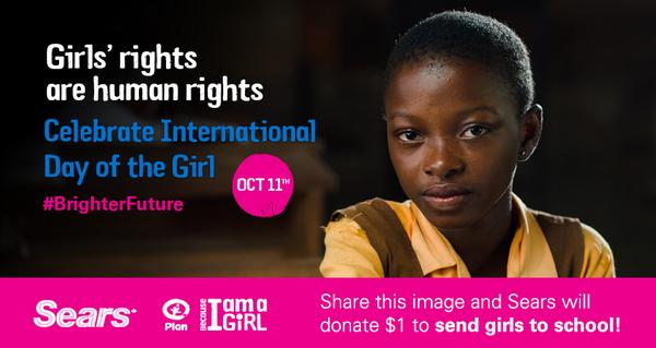 biaagcanada's tweet photo. RT &amp; @SearsCA will donate $1 to help send girls in developing countries to school in honour of #DayoftheGirl! http://t.co/xmrljDZFBR