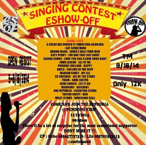 esof_unsoed's tweet photo. Breaking news! ESOF Singing Contest "eSHOWOFF" is opened for any major and FACULTY! Join us! @bem_unsoed http://t.co/W1dwgK3ATs