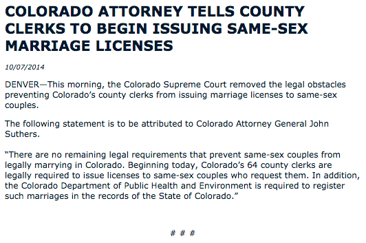 chrisgeidner's tweet image. Breaking: Marriage equality has come to Colorado. bzfd.it/1uWL8E2