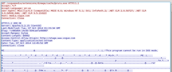 ydklijnsma's tweet image. #Asprox malware hosted on @voguemagazine webserver. Downloaded by loader send via spammail: virustotal.com/en/file/a4dab7…