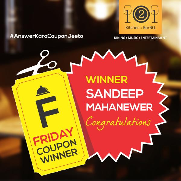 121KitchenBar's tweet photo. Winner of our Friday's #AnswerKaroCouponJeeto #Contest is @sbmahanewer Congratulations! DM your contact details. http://t.co/A9uQikApeW