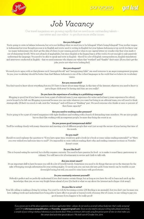 Vacancy available at @MajalahPanorama &amp; @getlostmagz for writer and editor >>