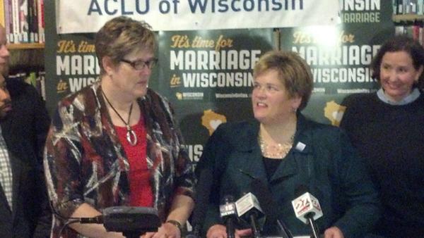 WI4Marriage's tweet photo. Congrats to plaintiff couple Kati &amp; Judi, who got engaged yesterday after marriage equality became law in #Wisconsin! http://t.co/j0I65IGe75