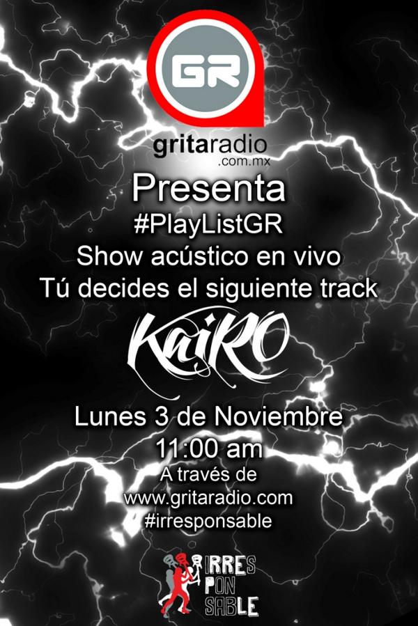 Difusounz's tweet photo. El 3 de noviembre, en @Gritaradiomx, tú eliges qué cantará @Kairo_Music. Pide la canción con el HT #PlayListGR. http://t.co/0NYDoZyM4z