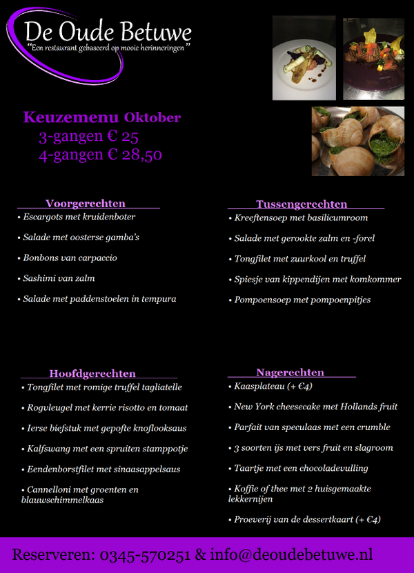 DeoudeBetuwe's tweet photo. Wij hebben weer een mooi maandmenu voor de maand oktober!Kijk op onze website voor volledig menu en wijnkaart!!! http://t.co/EOaYrc1S6J