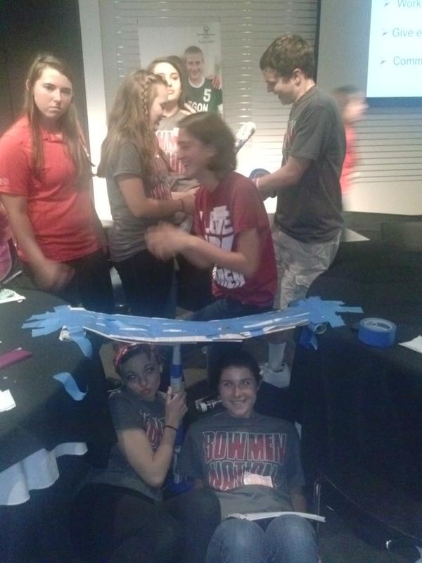 Sherwood_Bowmen's tweet photo. Sherwood High school students building a bridge to work on communication at the #YLC14 for Special Olympics! http://t.co/mkO07INd7n