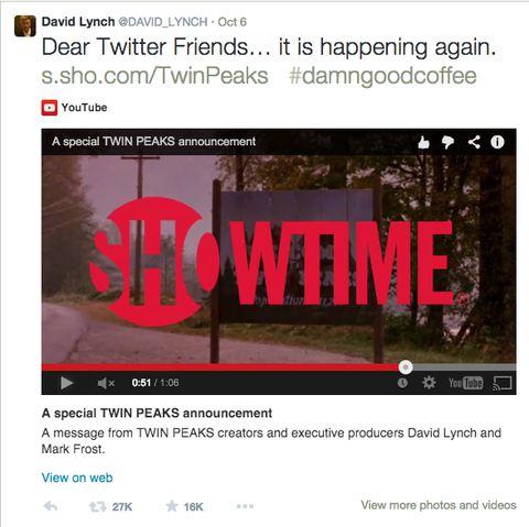 Did <a href="/David_Lynch/">David Lynch</a>’s Cryptic Tweet Hint At A Possible ‘Twin Peaks’ Revival On Showtime? clickhole.com/r/1164tsd