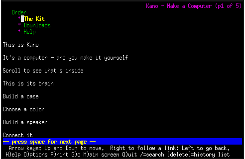 Screenshot of Kano.me in Lynx