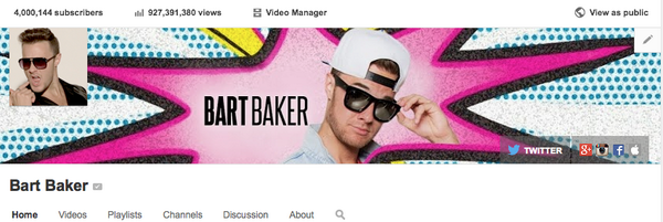 BartBaker's tweet photo. 4 MILLION SUBSCRIBERS!! I love every single one of you! Never thought I would grow to where I am now. Thanx guys! : ) http://t.co/akHVT08IBY